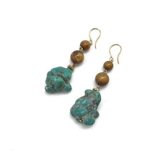 14k Yellow Gold Turquoise Tiger's Eye Dangle Earrings - Picture 6 of 7